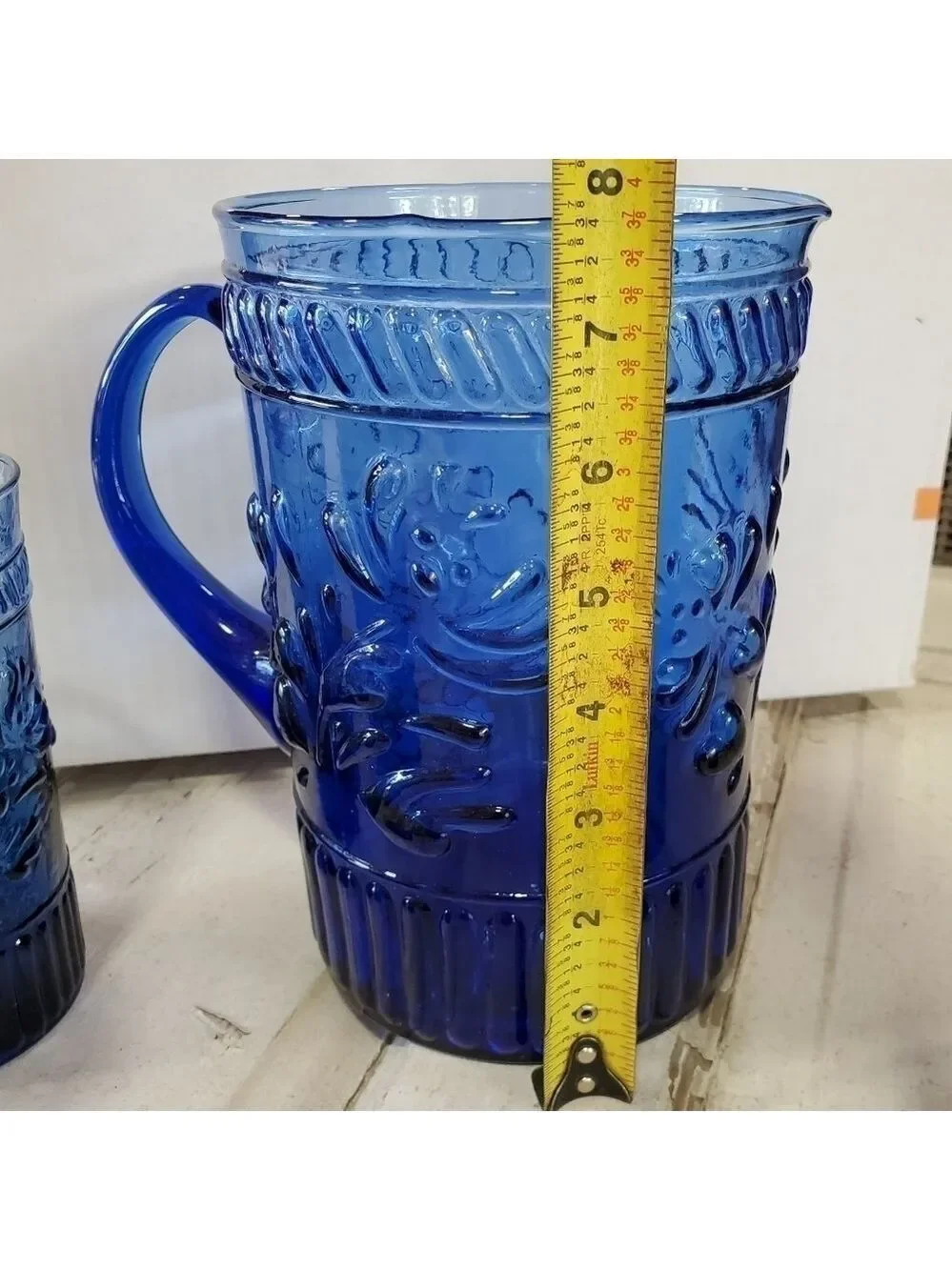 Vintage 4pc cobalt blue glass Pitcher & 3 glasses set floral leaf patterned